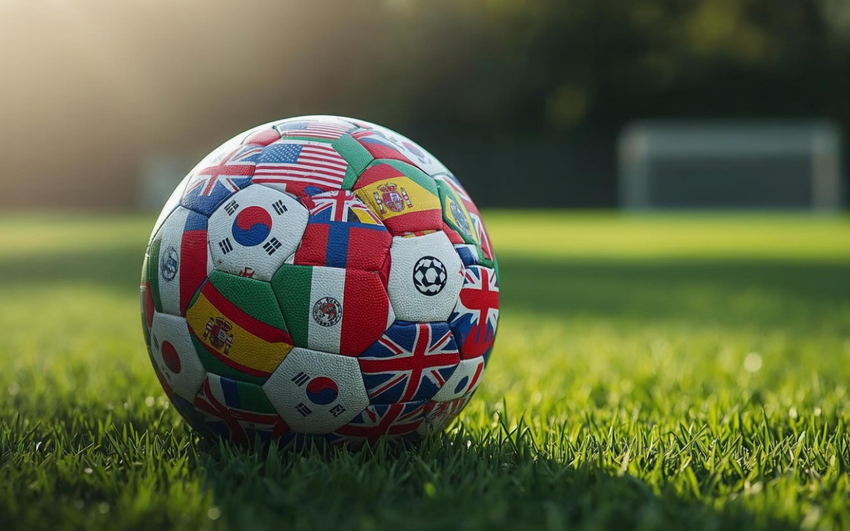 Soccer ball with country flags on a field
