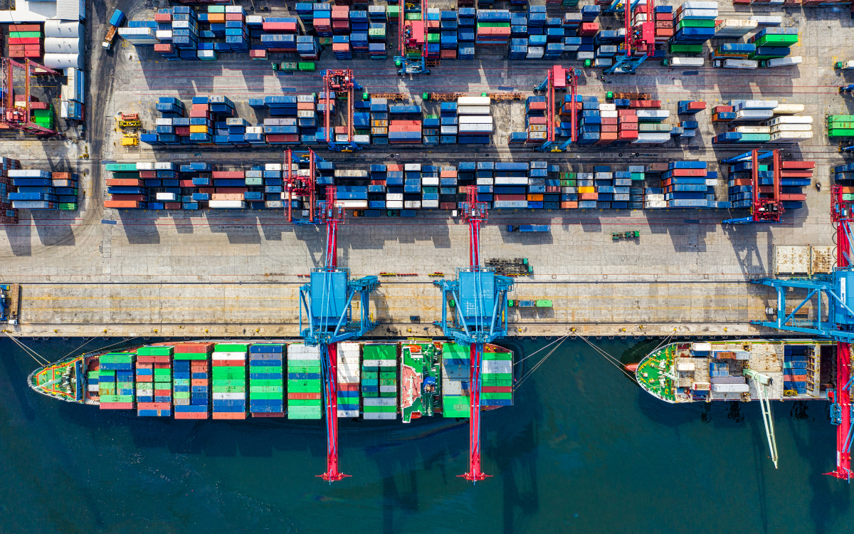 aerial view of a shipping yard