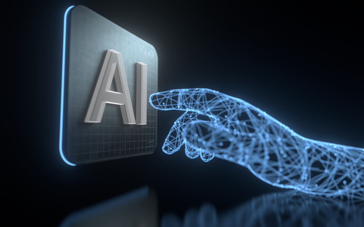 computer generated hand pressing AI button